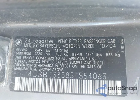 2005 BMW Z4 2.5I from USA, damaged, VIN 4USBT33585LS54063
